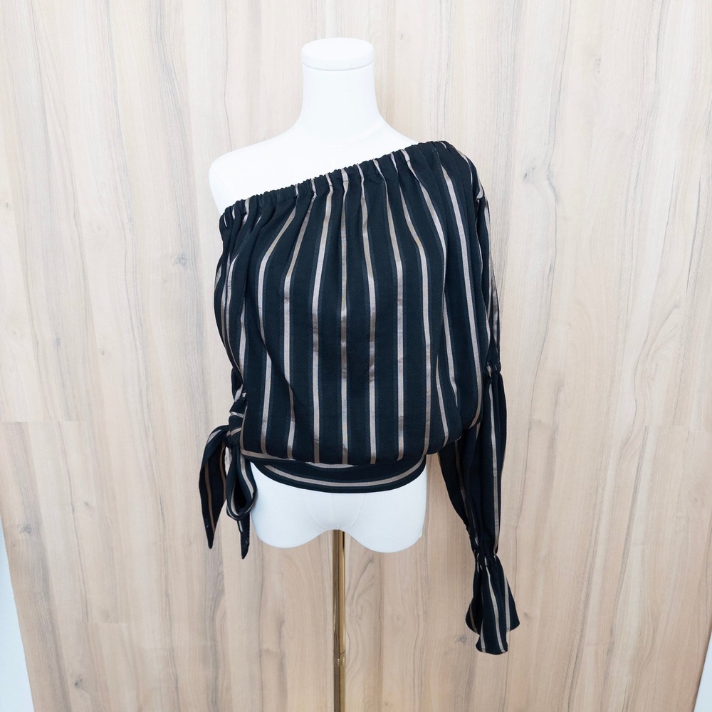One Teaspoon Womens One Shoulder Striped Top Small Black Metallic Pirate Goth